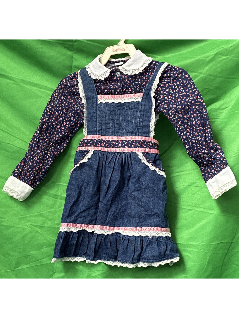 Vintage Peaches 'n Cream Girls Size 5 Blue Prairie Dress Lace Trim-0059